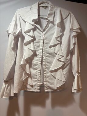 Jealous Tomato White Button-Front Blouse with Ruffle Trim